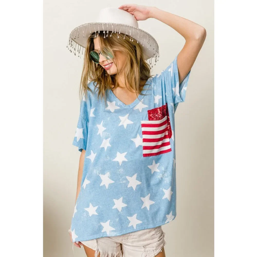 BiBi Star Print Sequin V-Neck Short Sleeve T-Shirt - Picture 2 of 4